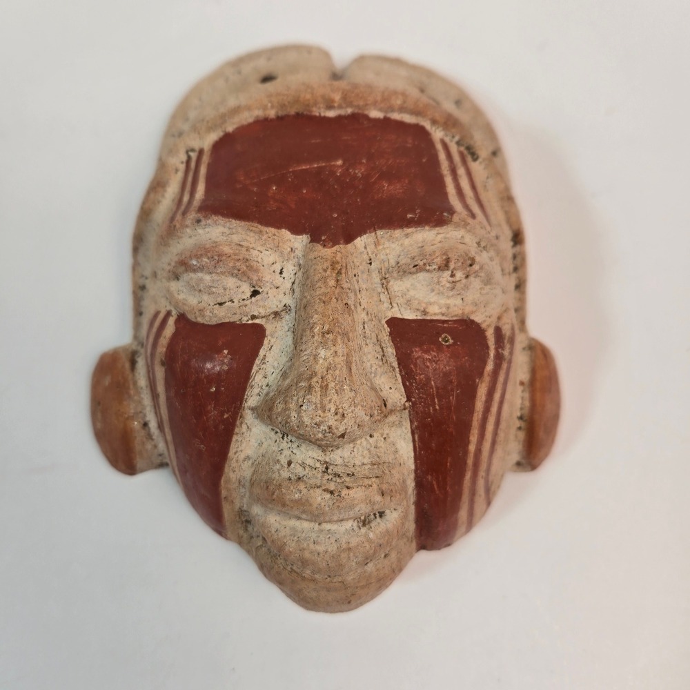 Vintage Hand Painted Clay Face Mask Terracotta Tribal Folk Art Wall Decor 5.5"